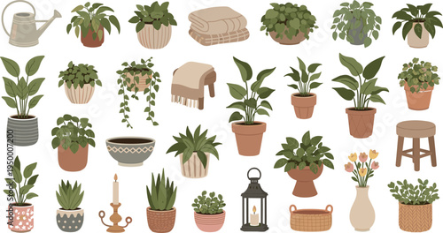 Cartoon Indoor Houseplants and Cozy Home Decor Collection with Potted Greenery Blanket Stool Lantern Vase and Botanical Interior Elements