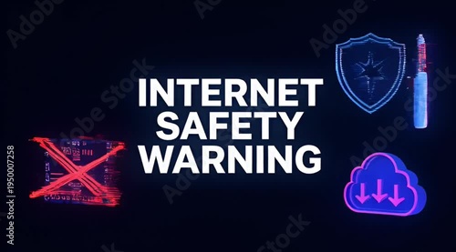 Internet Safety Warning Animation with Security Icons and Glitch Effect