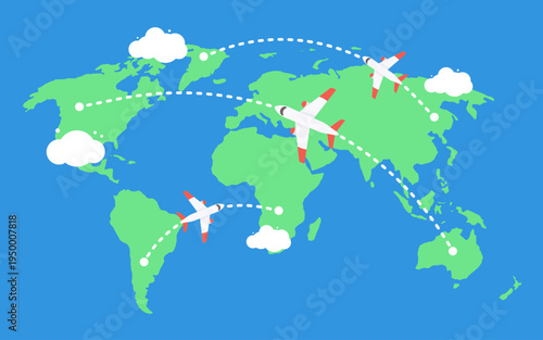 Air Travel Around the World with Airplanes and Global Flight Routes – International Aviation World Map 3D Vector Illustration