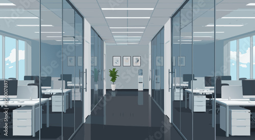 modern office interior corridor with cubicles and desks - vector illustration