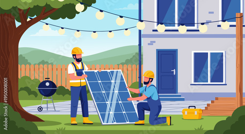 Solar panel installation vector illustration of two workers setting up a photovoltaic panel on a house roof with garden decorations
