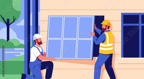 Installing solar panels on a house, an illustration showcasing sustainable energy solutions with a vector graphic