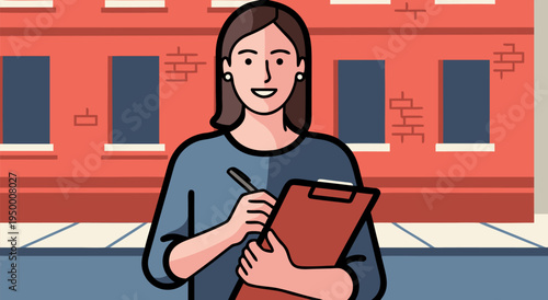 Woman holding clipboard and pen, detailed flat vector illustration of a person working on a city street