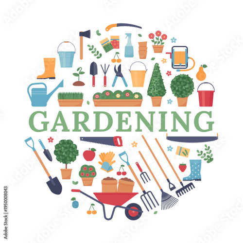 Gardening banner. Poster with garden tools in circle frame. Background template with gardening instruments. Horticulture set. Vector illustration. Icons isolated on white square card. Flat design.