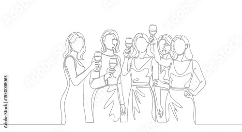 Women Friends Celebrating with Wine Glasses - Continuous One Line Art Drawing