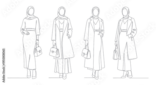 Women's Modest Fashion Outfits with Hijabs in Continuous Line Art Style