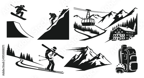 Winter Sports Mountain Adventure Silhouettes Vector Icon Set - Skiing, Snowboarding, Cable Car, Lodge