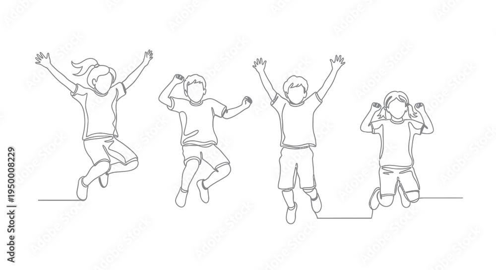 Fototapeta premium Kids jumping, happy, playful, celebrating, line art, vector