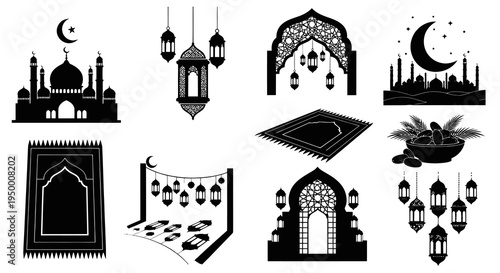Islamic Mosque Ramadan Arabic Lanterns Praying Mat Crescent Moon Dates Bowl