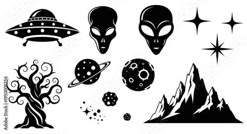 Sci-fi Glyph Icons: UFO, Alien, Planet, Tree, Mountains, Stars