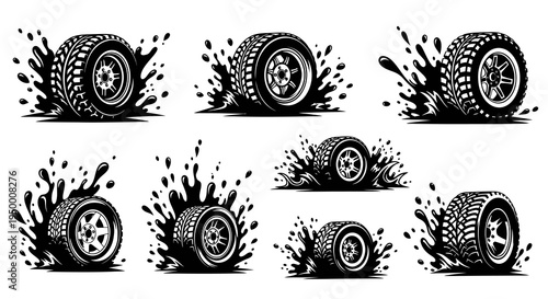 Black and White Tires Splashing Water Vector Art