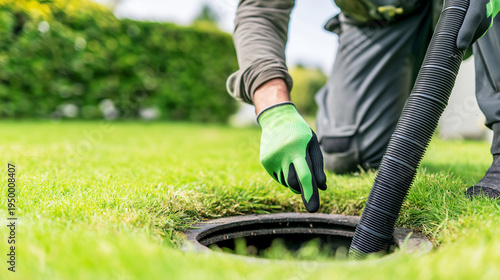 Worker in green gloves inserting a hose into an outdoor drain, offering professional plumbing and wastewater management service