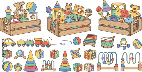 Cartoon Wooden Toy Crate Collection with Teddy Bears Blocks Train Stacking Rings Xylophone and Baby Playroom Objects Vector Illustration