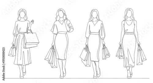 Black  White Line Art Women Shopping With Bags Fashion Lifestyle