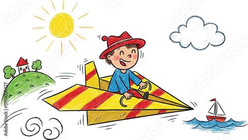 Child flying a paper airplane with joy