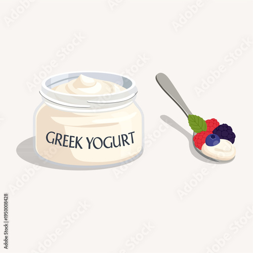 Creamy Greek Yogurt in Glass Jar with Fresh Berries on Spoon