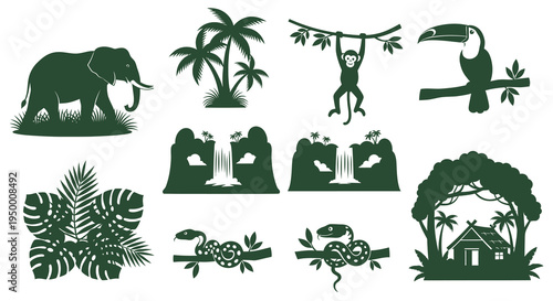 Jungle Icons: Elephant, Monkey, Toucan, Waterfall, Snake, Hut