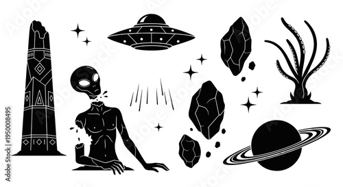 Black and white alien, UFO, planet, and asteroid vector illustration