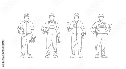Construction workers, builders with tools, helmet, line art, isolated