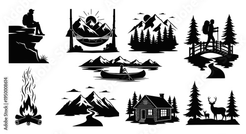 Black  White Silhouette Icons of Camping, Hiking and Outdoor Activities