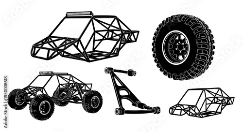 Black  White Line Art of Off-Road Buggy Chassis and Tire
