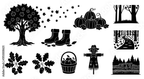 Black and White Autumn Icons: Tree, Pumpkins, Boots, Scarecrow, Forest Path