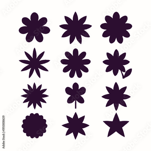 Vibrant purple flowers and stars are arranged in a decorative pattern on a white background
