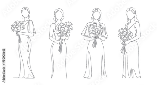 Elegant women in flowing dresses with flower bouquets, black and white line art
