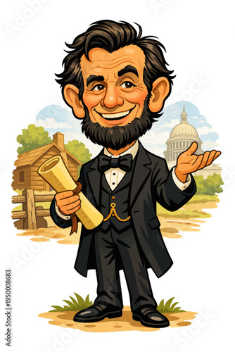 Abraham Lincoln Caricature Holding Scroll Flat Vector Illustration