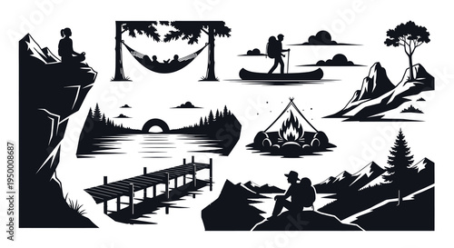 Black and White Silhouette Camping and Outdoor Activities Vector Icons