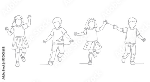 Children Running Together, Black and White Line Art Vector Illustration
