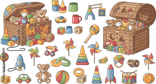 Cartoon Toy Chest Collection with Teddy Bears Building Blocks Rockets Pinwheels Balls and Baby Playroom Objects for Kids Vector Illustration