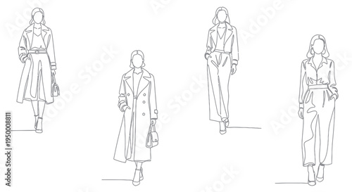 Fashionable women in elegant outfits, line art, runway models