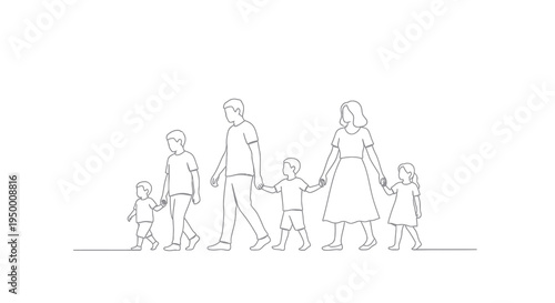Family Walking Together Black and White Line Art