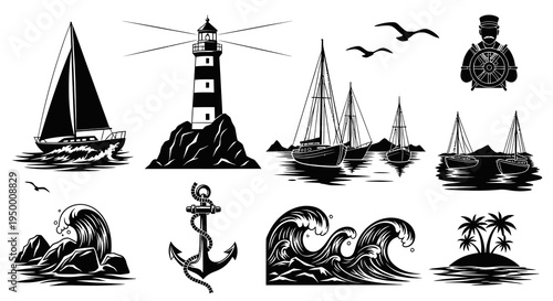 Nautical Black and White Vector Icons: Ships, Lighthouse, Waves, Anchor, Island