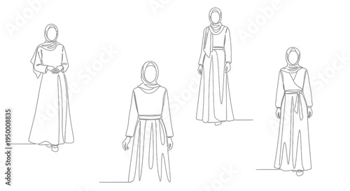 Minimalist Black and White Line Art of Women in Hijab Dresses