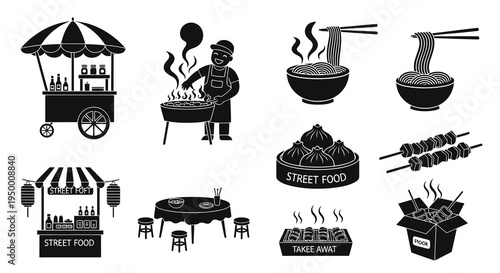 Black  White Icons: Street Food Cart, Grilling, Noodles, Dumplings, Skewers, Takeaway Box