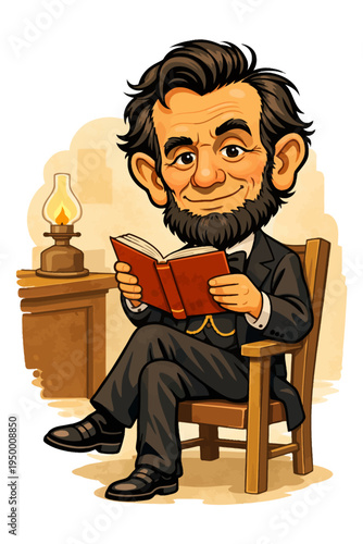 Abraham Lincoln Reading Book Caricature Ultra Flat Vector