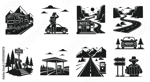 Travel Icons: RV, Camper, Road Trip, Motel, Gas Station, Map, Black  White Line Art