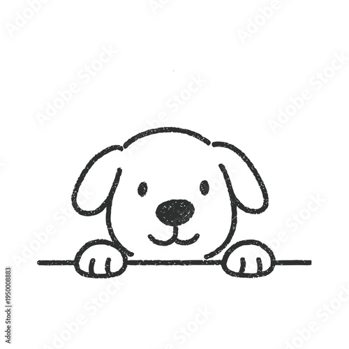 A cute dog peeking over a line with its paws and smiling face