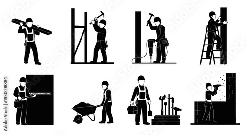 Construction workers, builders, and construction site with tools, black and white glyphs