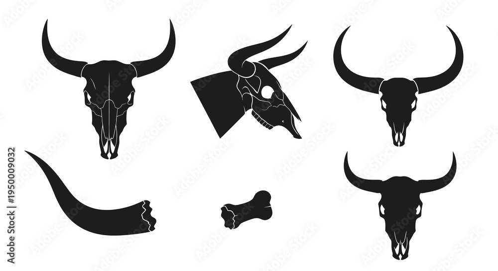 Obraz premium Black Silhouette Cow Skulls and Bone Illustration, Western Wild West Art