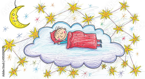 Cartoon Child Sleeping on Cloud with Stars and Moon Night Dream