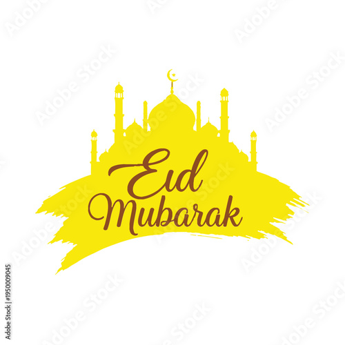 Vibrant Eid Mubarak celebration with mosque silhouette and festive text