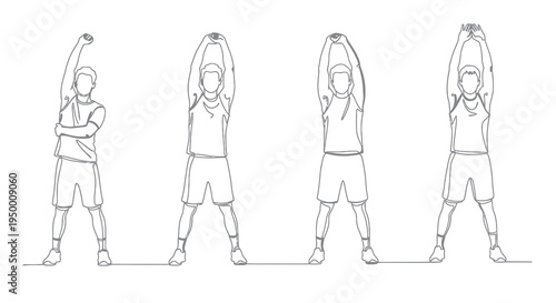 Man Stretching Arms Up - Black and White Line Art Workout Illustration