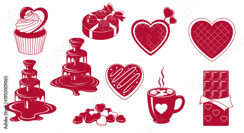 Valentine's Day Chocolate Icons: Cupcake, Fountain, Hearts, Cocoa, Bar
