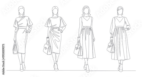 Fashion Line Art: Four Women in Dresses with Handbags, Vector