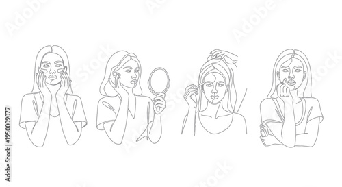 Line art of women's beauty routine: skincare, mirror, makeup