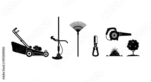 Black  White Icons: Lawn Mower, Rake, Blower, Tree, Garden Tools