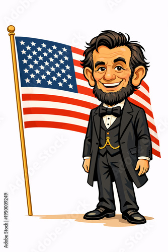Abraham Lincoln Caricature with American Flag Ultra Flat Vector